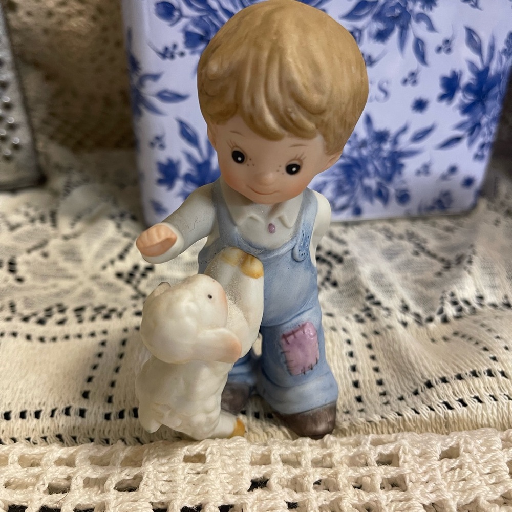 Vintage Homco Boy with Lamb Figurine - Blue and Cream